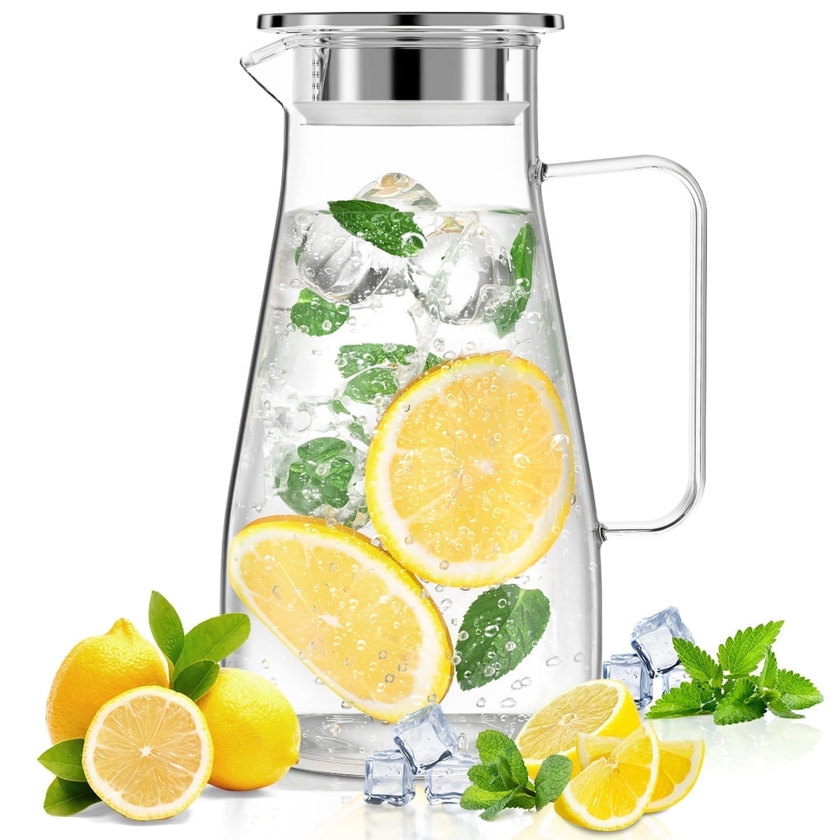 64 oz Water Pitcher with Lid and Spout, 1.8L Heat & Cold Resistant Glass Water Carafe with Handle, Easy to Clean Thickened Borosilicate Glass Jug for Cold and Hot Beverage