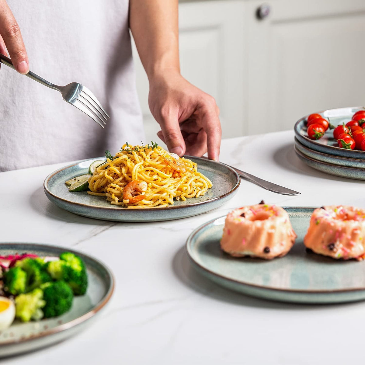 AmorArc Ceramic Plates Set of 6, 8.5 Inch Handmade Reactive Glaze Stoneware Plates set for Dessert, Salad, Appetizer, Dinner, Microwave & Dishwasher Safe, Scratch Resistant-Pearl White