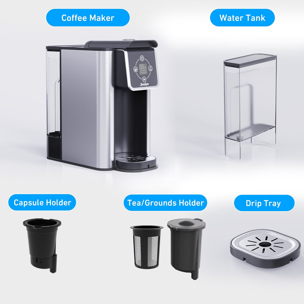 Jesslyn 3 in 1 Single Serve Coffee Maker: K Cup Coffee Machine Compatible with Grounds, Instant Coffee Pot, Tea Maker Brewer - Removable 50 oz Water Reservoir, 120V 1150W, Black