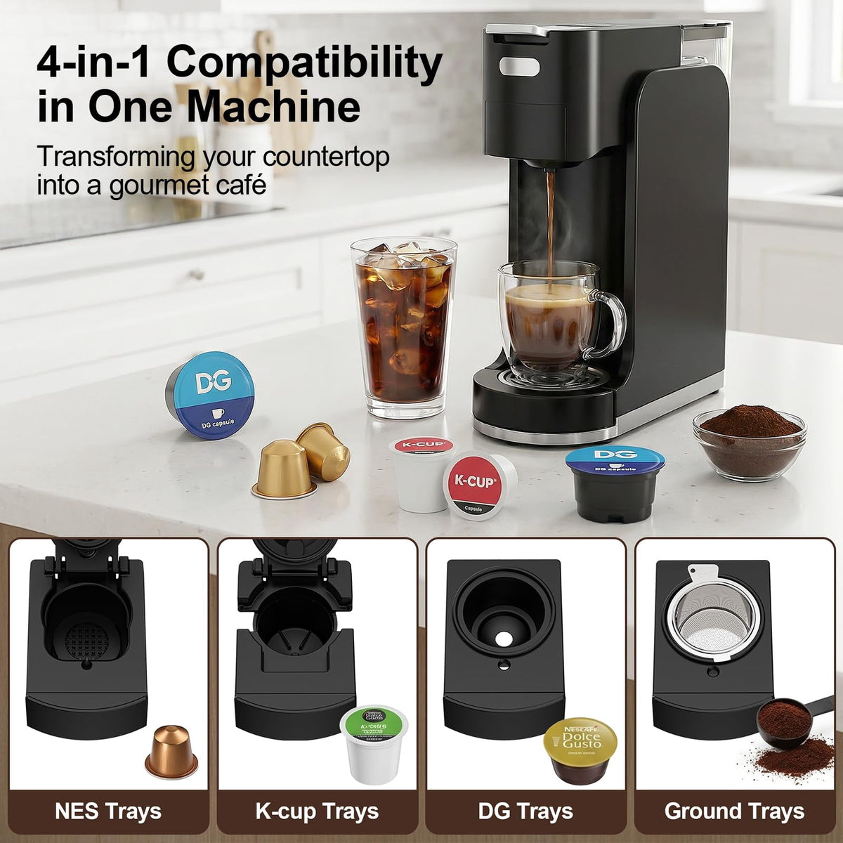 GVODE 4-in-1 Single Serve Coffee Maker, 3-Second Heat-Up, 20 Bar Hot and Iced Espresso Machine, Black