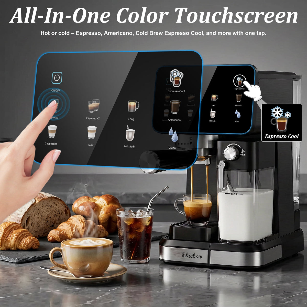 Espresso Machine with Built-In Milk Frother, 20-Bar Color Touchscreen Automatic Coffee Maker for Cold Brew Americano Cappuccino Latte, Perfect for Home Office Use, Black