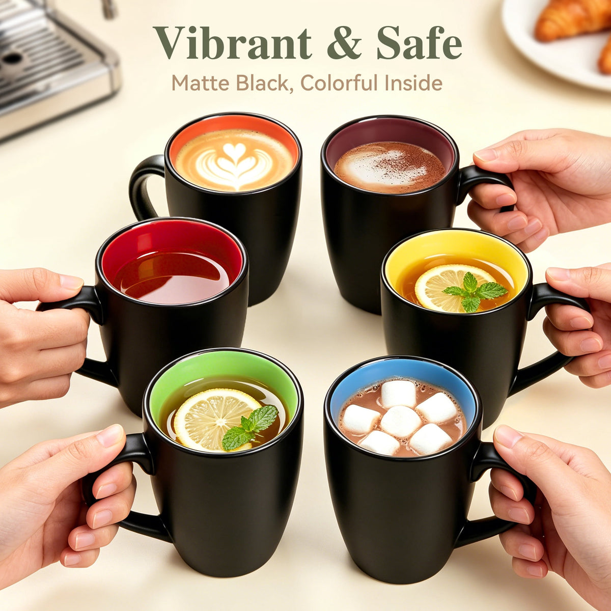 TINANA 12 oz Ceramic Coffee Mugs Set of 6, Matte Black Coffee Cups with Colorful Interior, Tea Mugs for Home Office, Microwave and Dishwasher Safe
