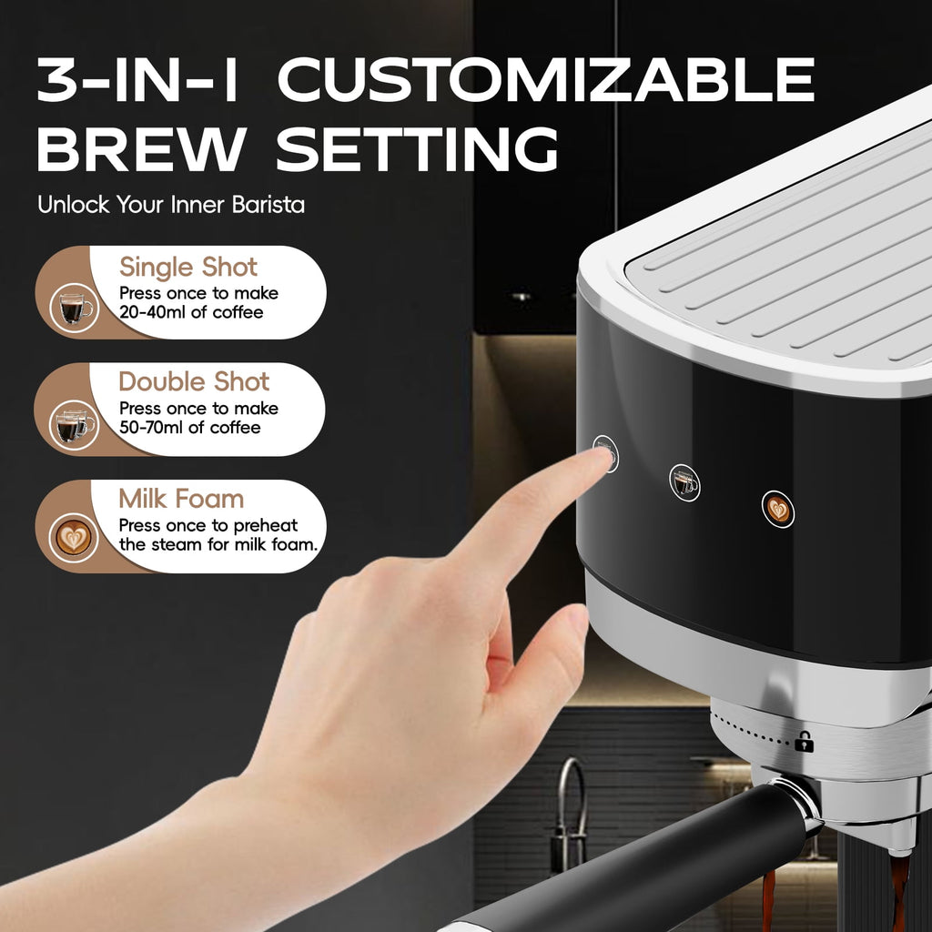 WHALL 20 Bar Touchscreen Espresso Machine & Coffee Maker – With Milk Frother Steam Wand, Stainless Steel Build & Removable Water Tank (New)