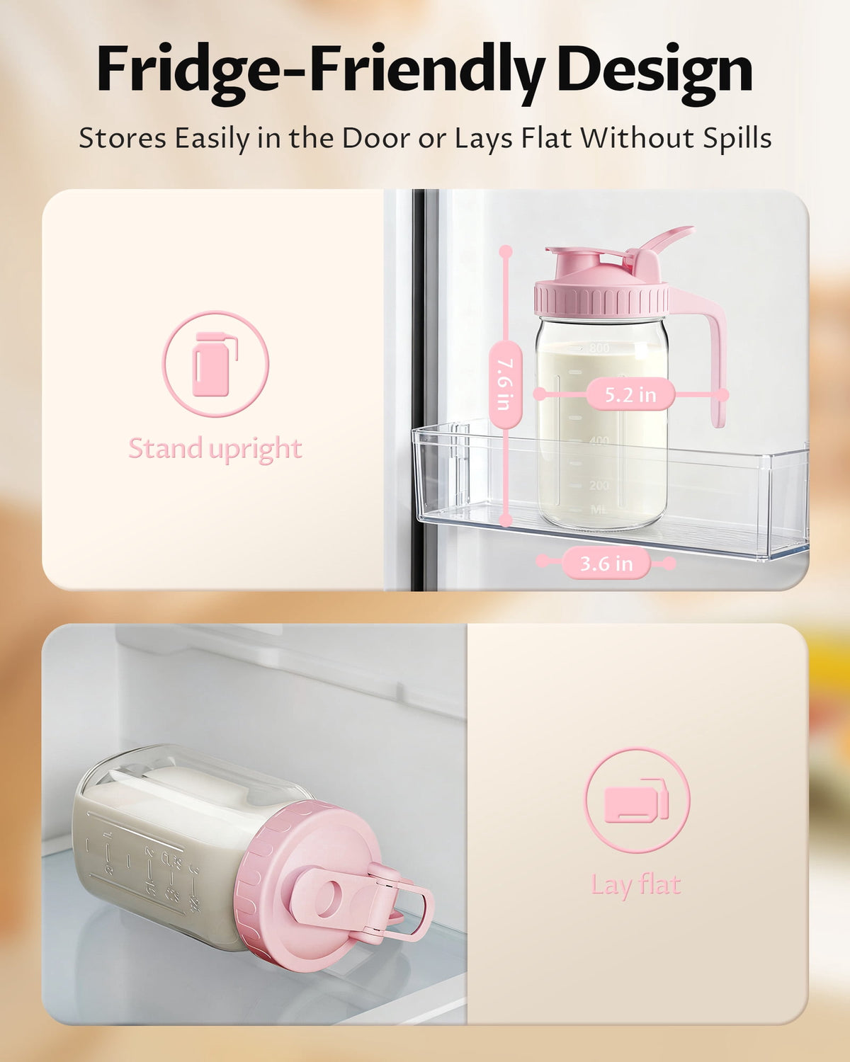 Breast Milk Pitcher 32oz Mason Jar with Wide Mouth and Handle-Pink Glass Pitcher with Flip Cap Lid and Pour Spout Airtight Seal for Cold Beverages