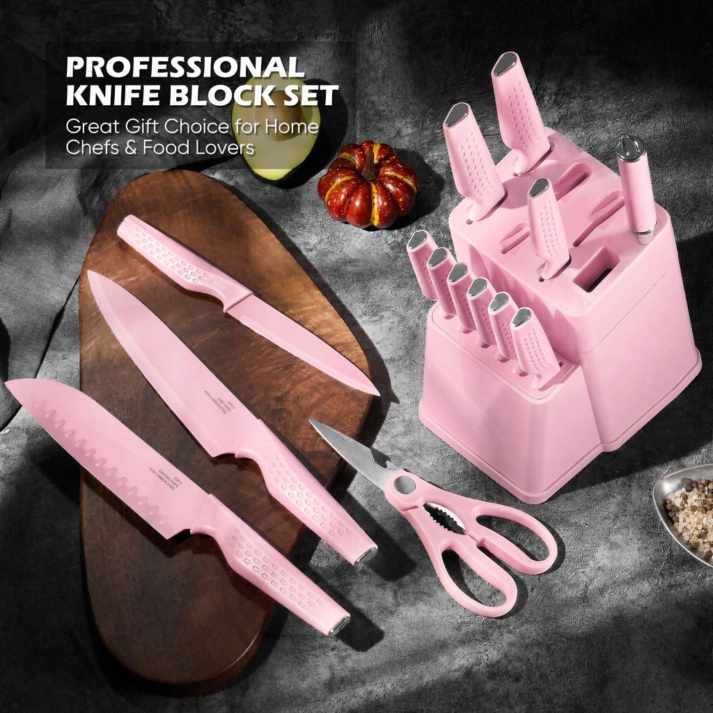 Vesteel Knife Block Set for Kitchen, 15-Piece High Carbon Stainless Steel Knives Set with Ergonomic Handle, Ultra-sharp & Rust Resistant, Walnut Brown