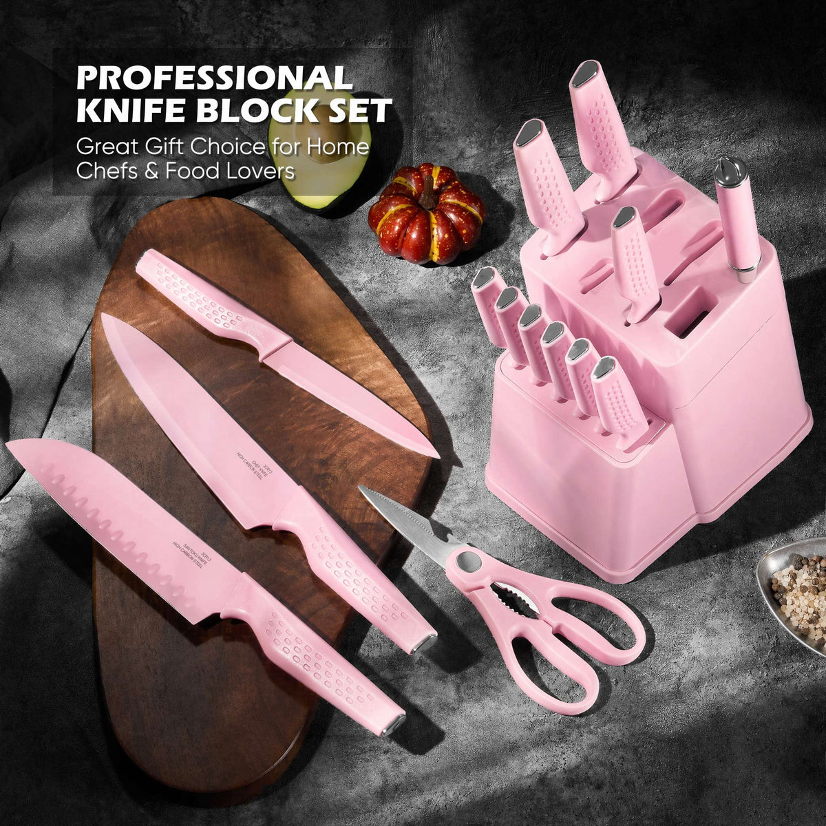 Vesteel Knife Block Set for Kitchen, 15-Piece High Carbon Stainless Steel Knives Set with Ergonomic Handle, Ultra-sharp & Rust Resistant, Walnut Brown