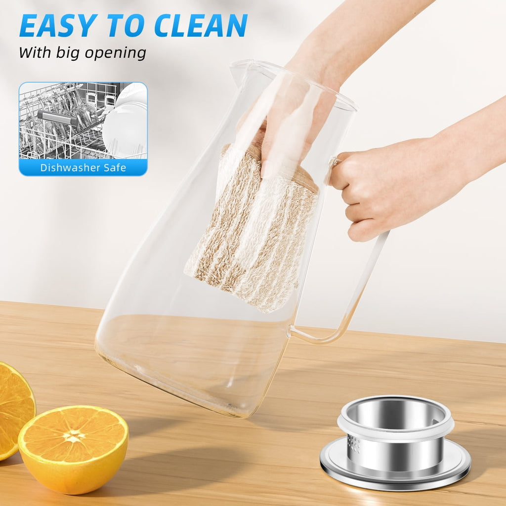 64 oz Water Pitcher with Lid and Spout, 1.8L Heat & Cold Resistant Glass Water Carafe with Handle, Easy to Clean Thickened Borosilicate Glass Jug for Cold and Hot Beverage