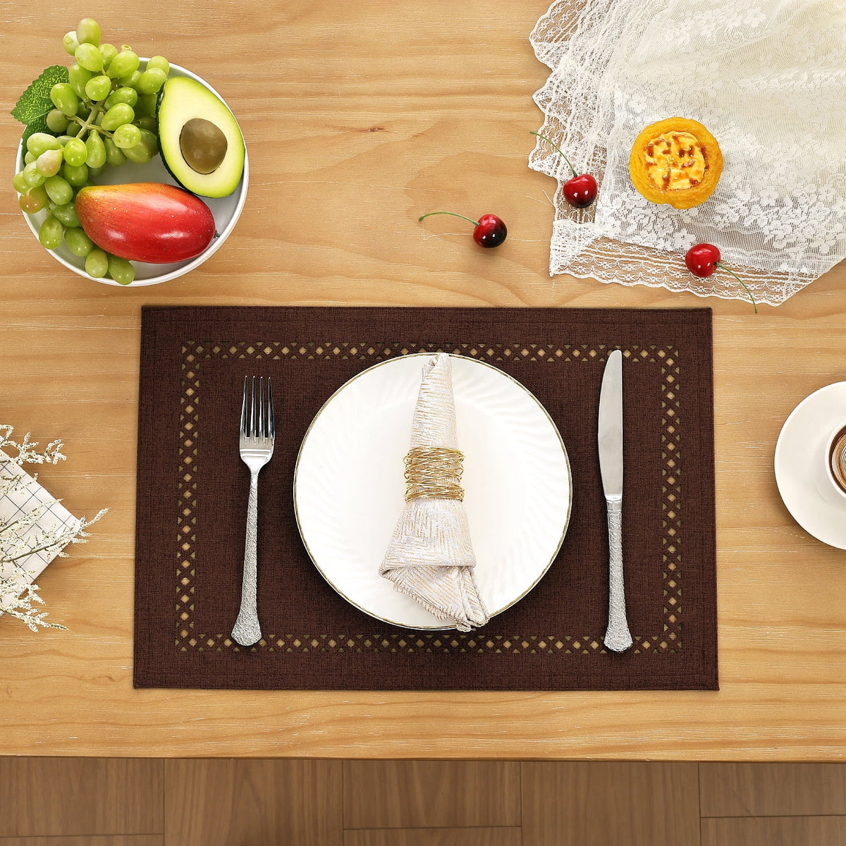Placemats Set of 4, Yamaziot Double Layer Cloth Fabric Heat Resistant Place Mat, Washable Reversible Rectangle Dining Table Mats, Hollow Khaki, 12"x18"