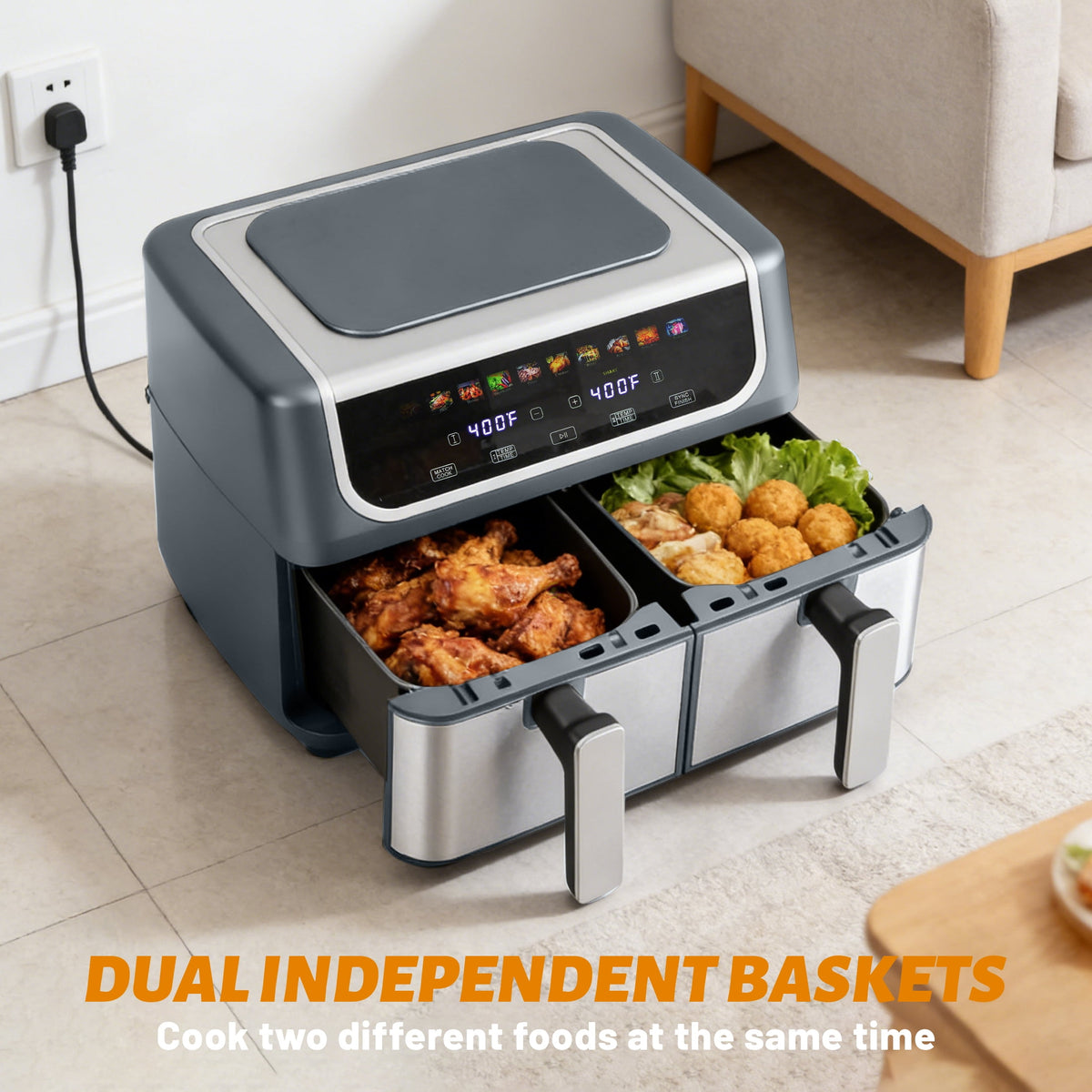 EDX 9QT Dual Basket Stainless Steel Air Fryer with Digital Sync & Match Cook, 1700W, 10 Presets, 2 Independent Cooking Zones, Shake Reminder, Black
