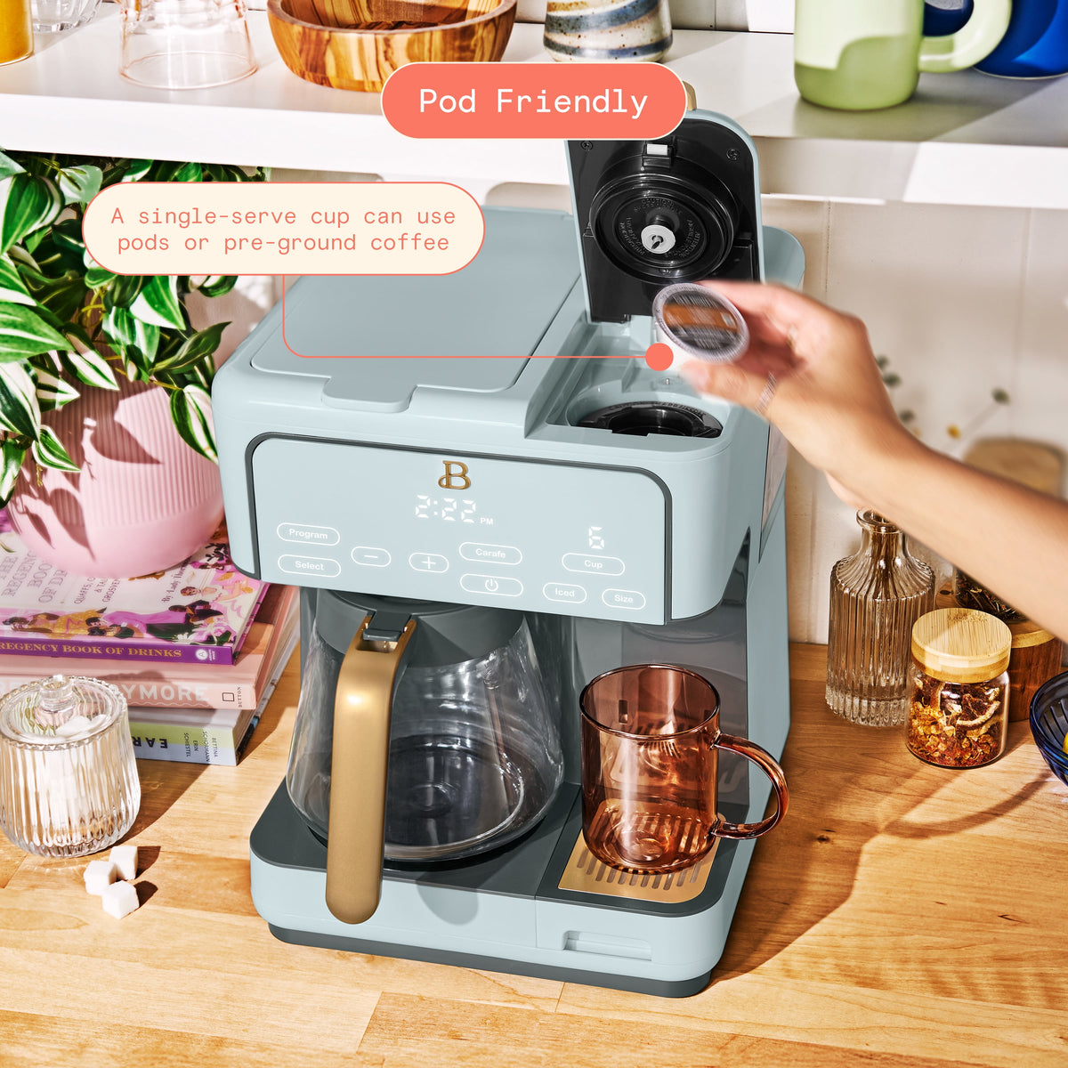 Beautiful by Drew Barrymore Multi-Brew 12-Cup Programmable Drip & Single-Serve Coffee Maker, White Icing
