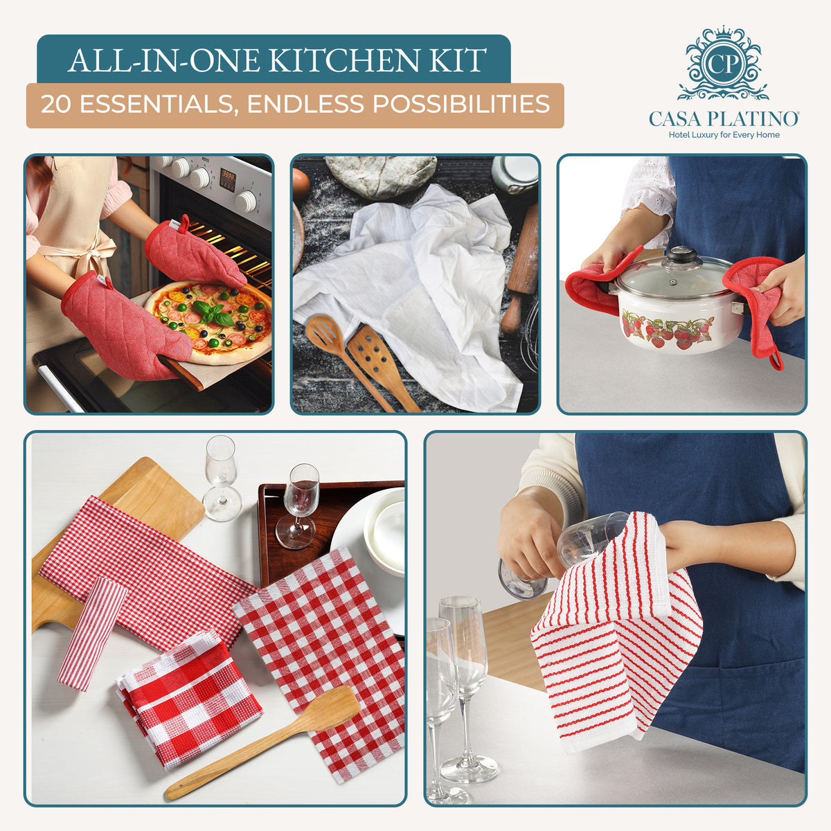 20 Piece Kitchen Towel Set - Cotton Dish Towels, Heat Resistant Kitchen Mittens and Pot Holder Set, Apron for Women with Pockets , Absorbent Dish Towels for Kitchen Drying - Olive