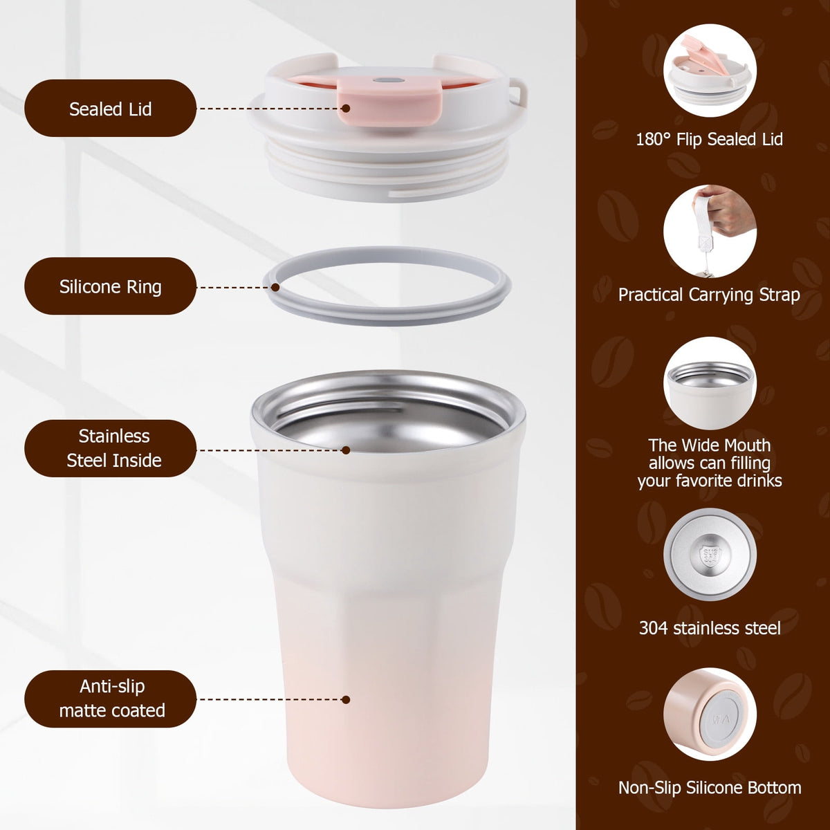Ochapa 360 ML/12oz Coffee Tumbler, Double Walled Stainless Steel Insulated Travel Coffee Mug