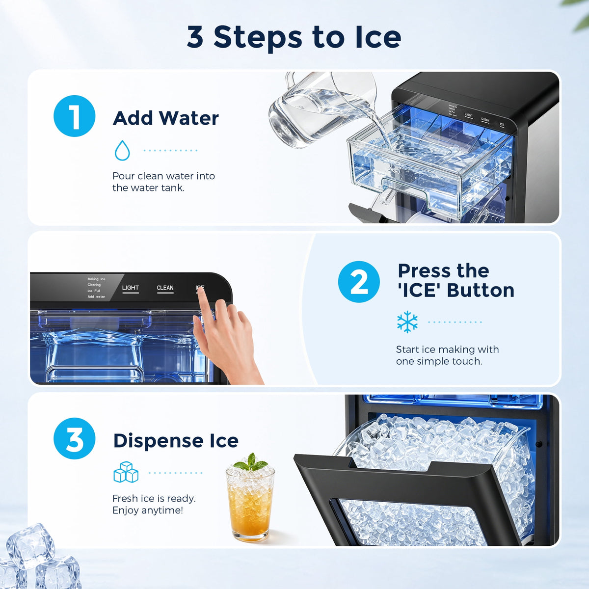 Snowyermine Nugget Ice Maker Countertop, 44 lbs per Day, Soft, Chewable Sonic-Style Pebble Ice, One-Touch Self-Cleaning, Stainless Steel, Black, for Home, Kitchen, Office, RV and Camping