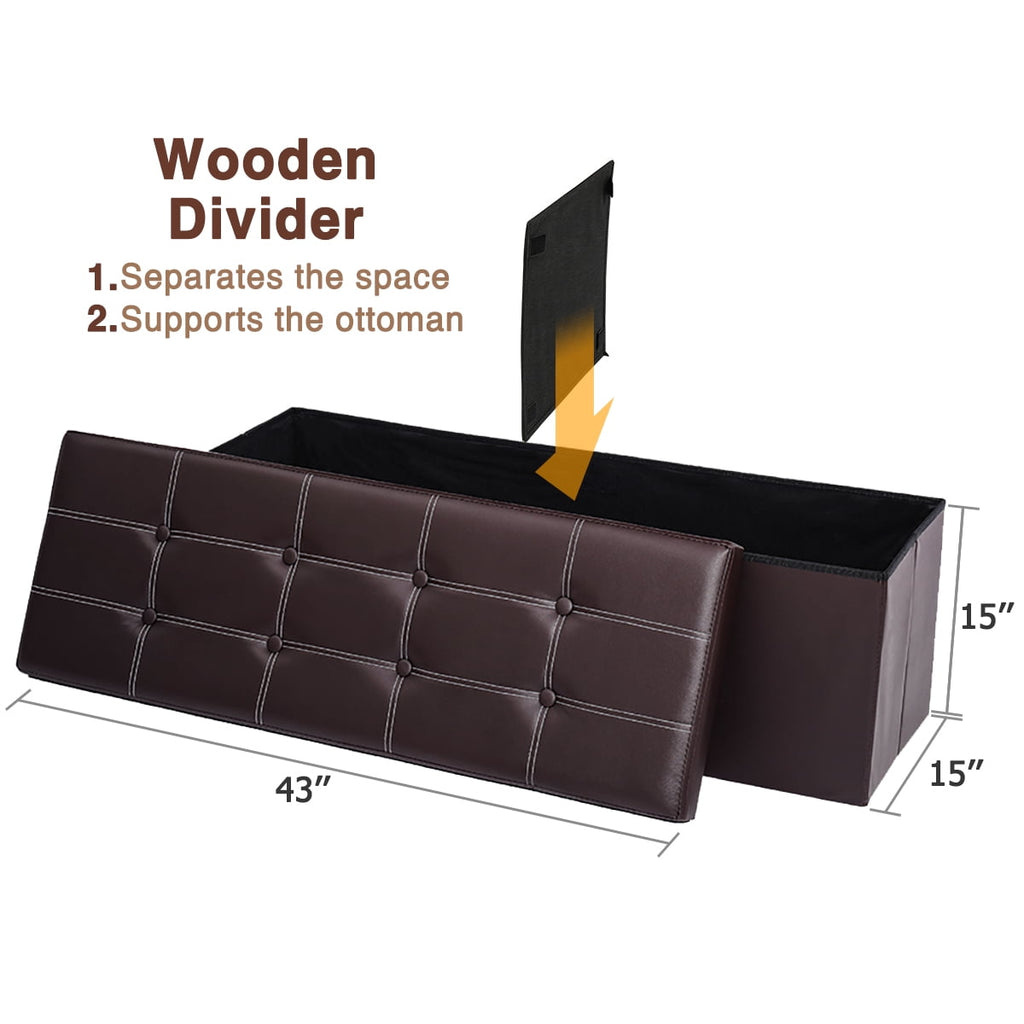 43" Ottoman with Storage Bench for Bedroom, Long End of Bed Seat with Storage Ottoman Bench, Large Folding Faux Leather Footrest Toy Chest for Living Room, Brown