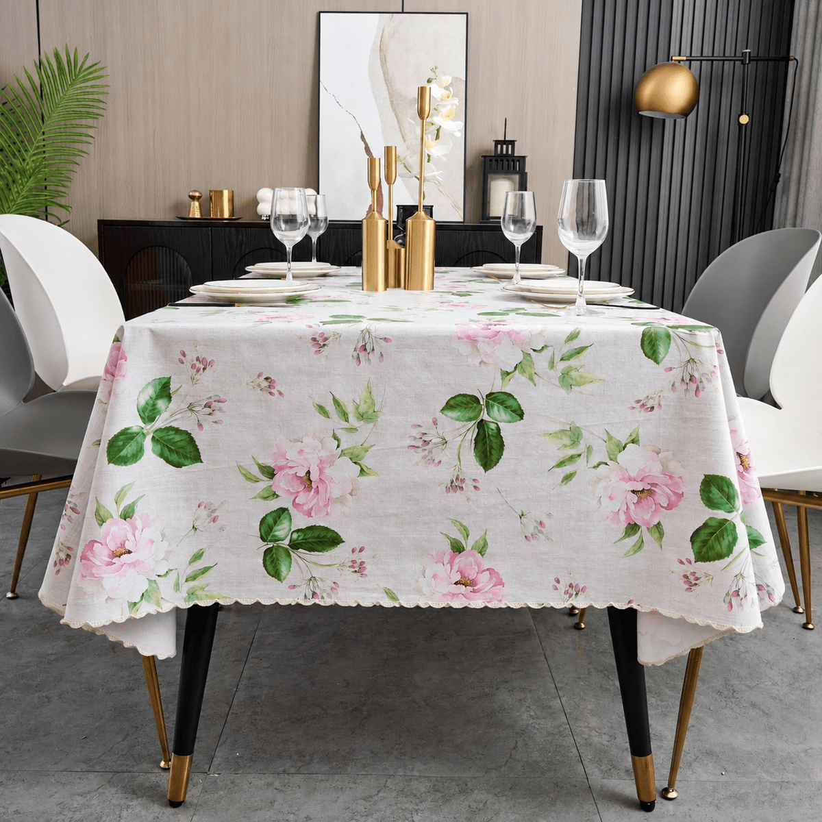 Verolix 84 x 60 inch Rectangular Tablecloth, Featuring Pink Floral Leaf Pattern, Made from Polyester Fabric for Dining Kitchen Home Decor