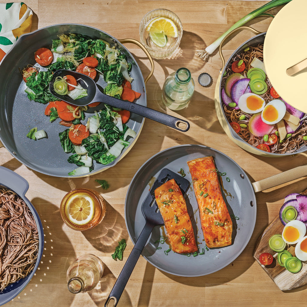 Beautiful 12-Piece Cookware Set, Pots and Pans with Strainer Lids and EverGood Ceramic Nonstick Coating, White Icing by Drew Barrymore