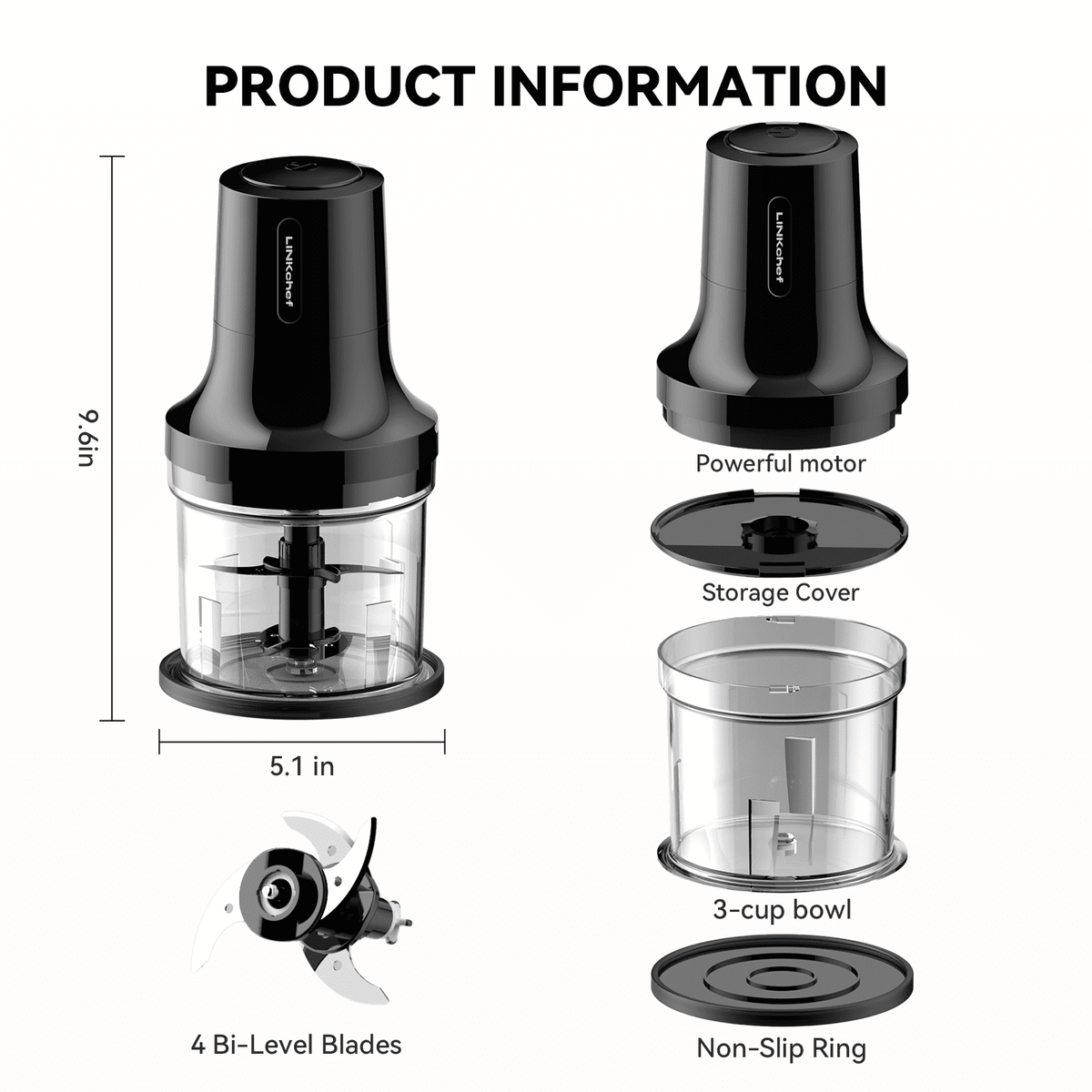 LINKChef Food Chopper, 3 Cup Food Processor, 260W Power Grinder with 4 Bi-Level Blades, Grey