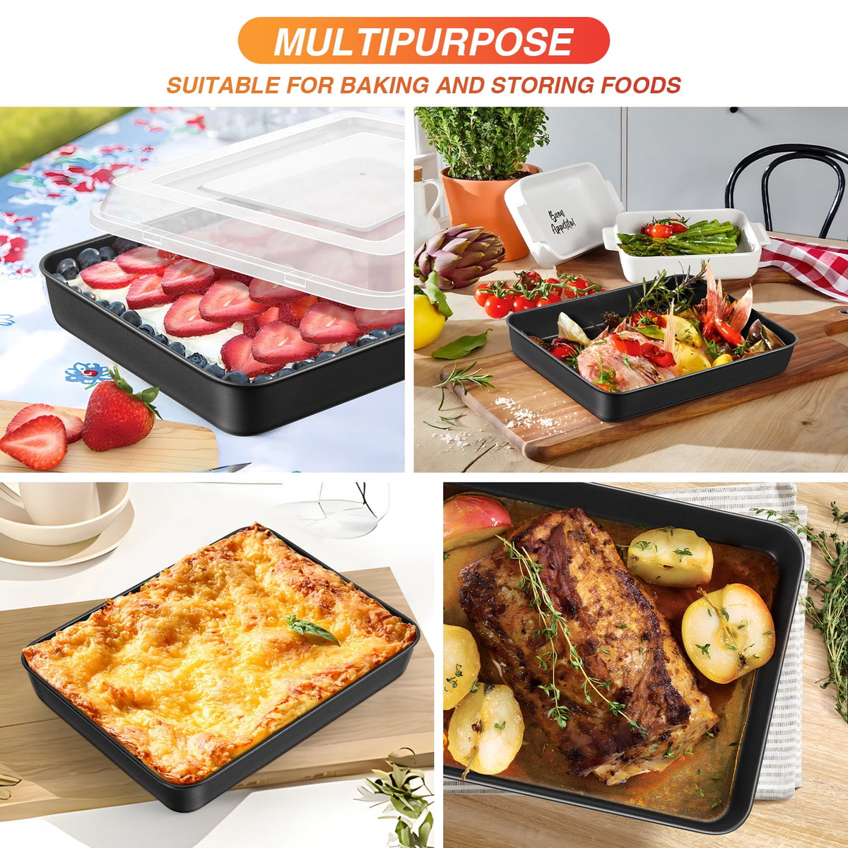 Baking Pans Set of 3, VeSteel Stainless Steel Sheet Cake Pan for Oven - 12.5/10.5/9.4Inch, Rectangle Bakeware Set for Cake Lasagna Brownie Casserole Cookie, Non-toxic & Healthy, Dishwasher Safe