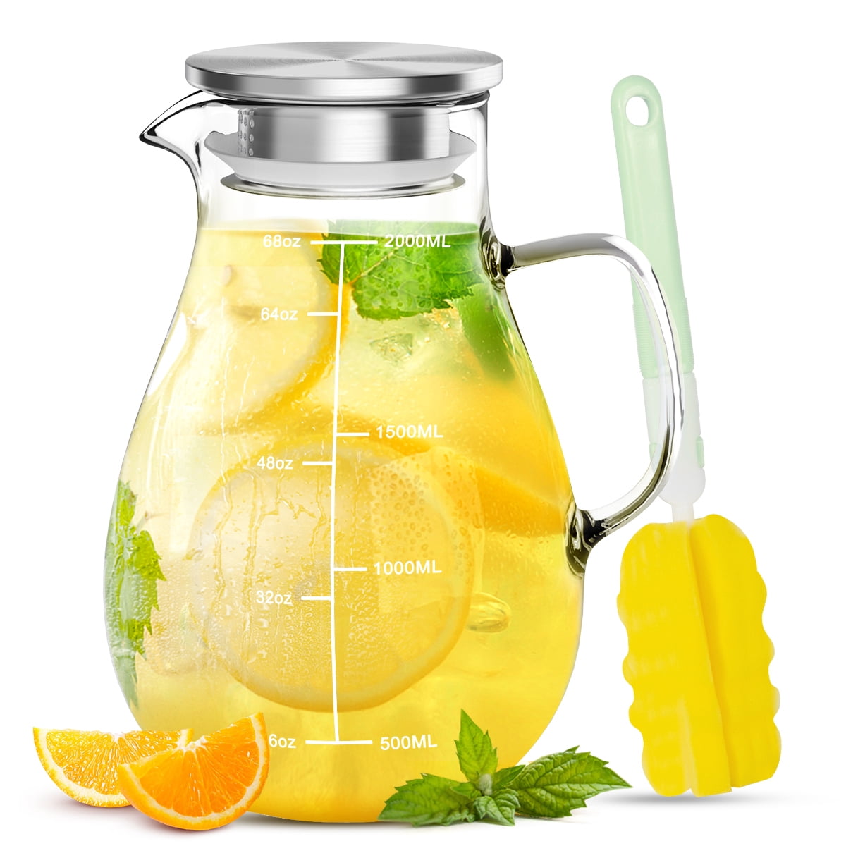 68 oz Glass Pitcher with Lid and Spout, 2 L Heat & Cold Resistant Glass Water Carafe with Precise Scale Line for Hot/Cold Water, Easy to Clean Large Drink Pitcher for Cold and Hot Beverage
