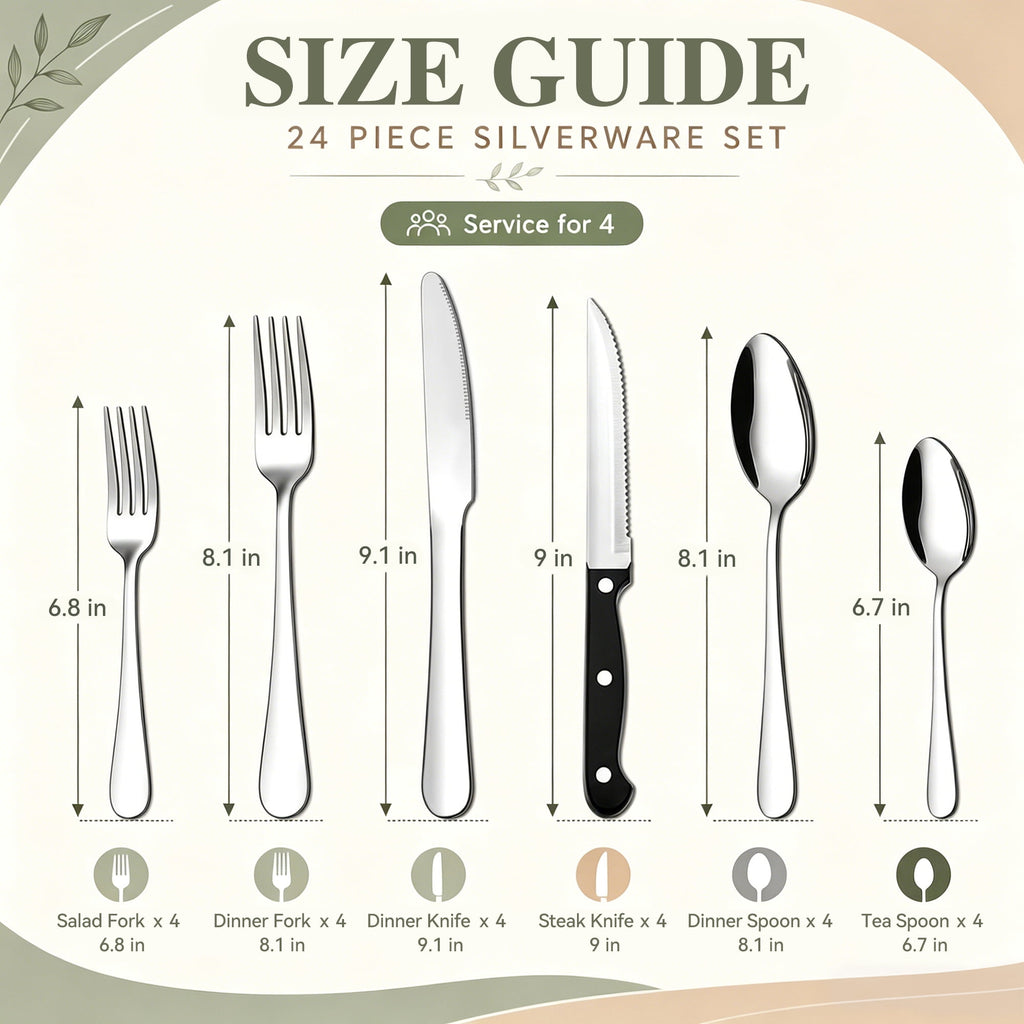 TINANA Silverware Sets, 24 PCS Flatware Set for 4, Stainless Steel Cutlery Utensil Set with Steak Knives Mirror Polished Forks and Spoons, Silver