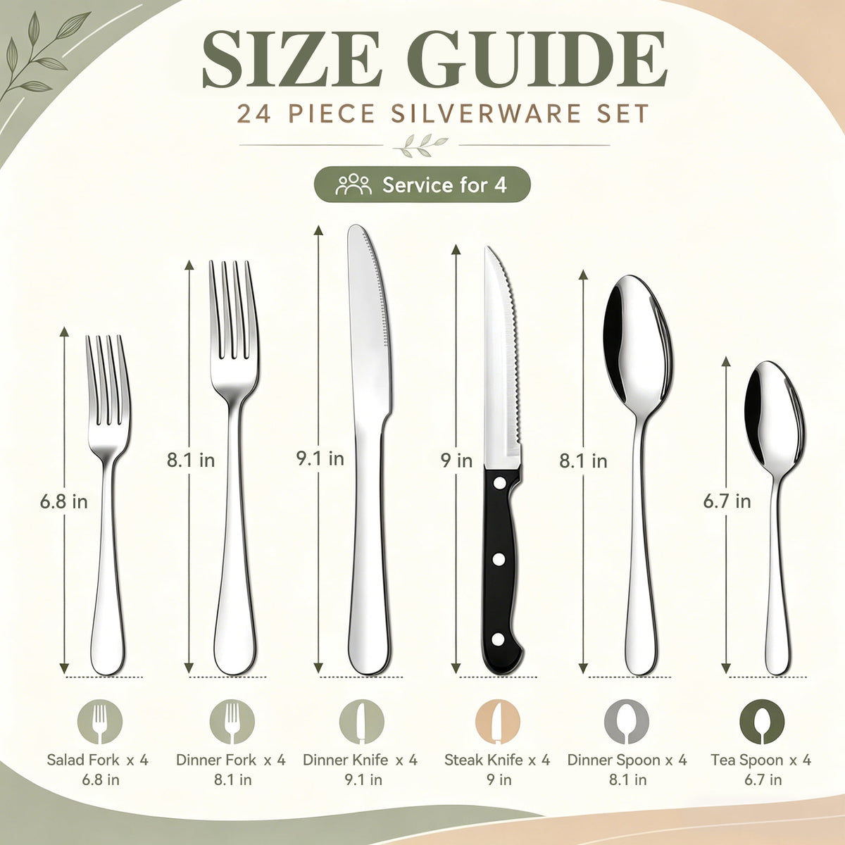 TINANA Silverware Sets, 24 PCS Flatware Set for 4, Stainless Steel Cutlery Utensil Set with Steak Knives Mirror Polished Forks and Spoons, Silver