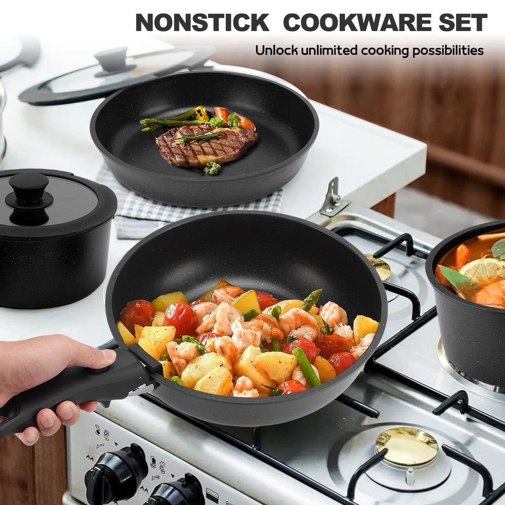 17 Piece Ceramic Pots and Pans Set Non Stick, Cookware Set with Detachable Handle, Oven Safe, Induction Ready, Stackable RV Kitchen Cooking Set Removable Handles, Cream White