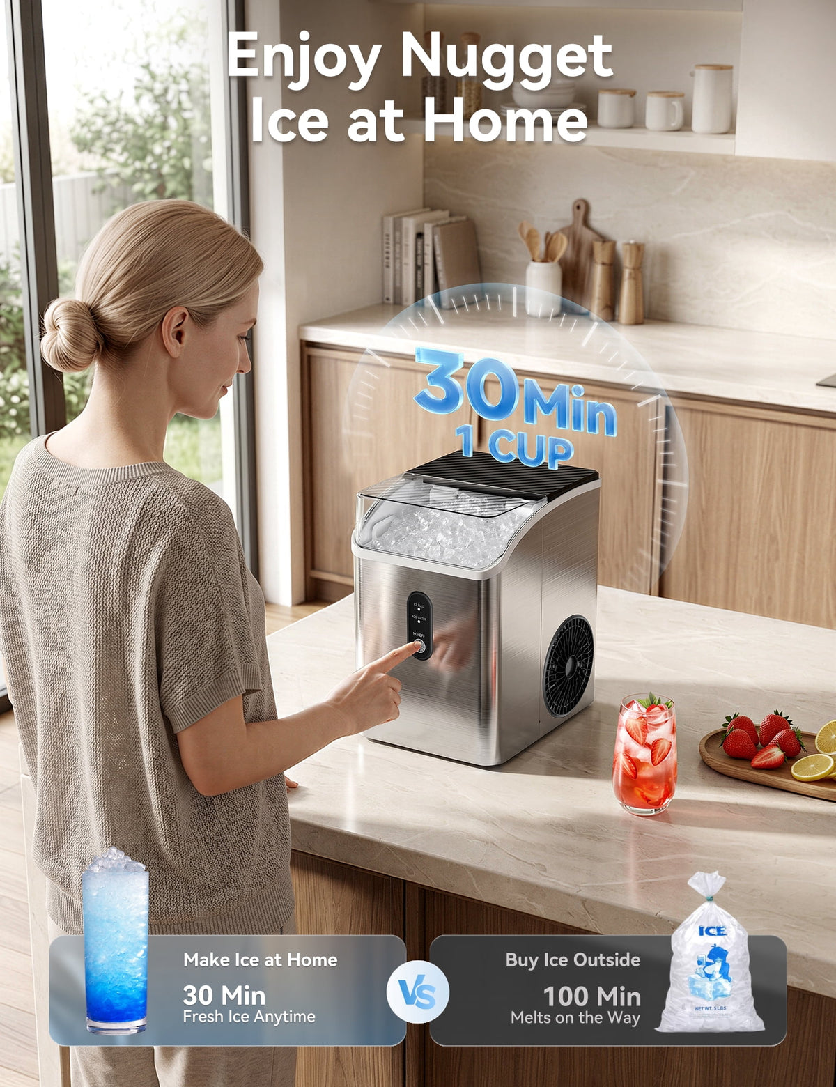 Goosiay Countertop Nugget Ice Maker, 33lbs Per Day Portable Ice Machine with Soft Chewable Pellet Ice, Stainless Steel, Silver