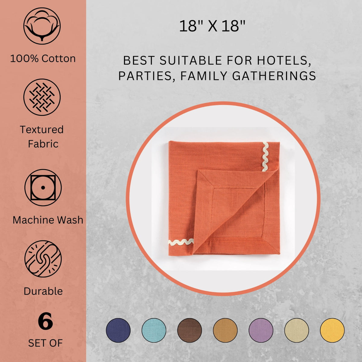 Fingercraft Cloth Napkin, Soft Quality Cotton Linen Blend Fabric, Dinner Napkins with Premium White Lace, 6 Pack, 20”x20” Aqua