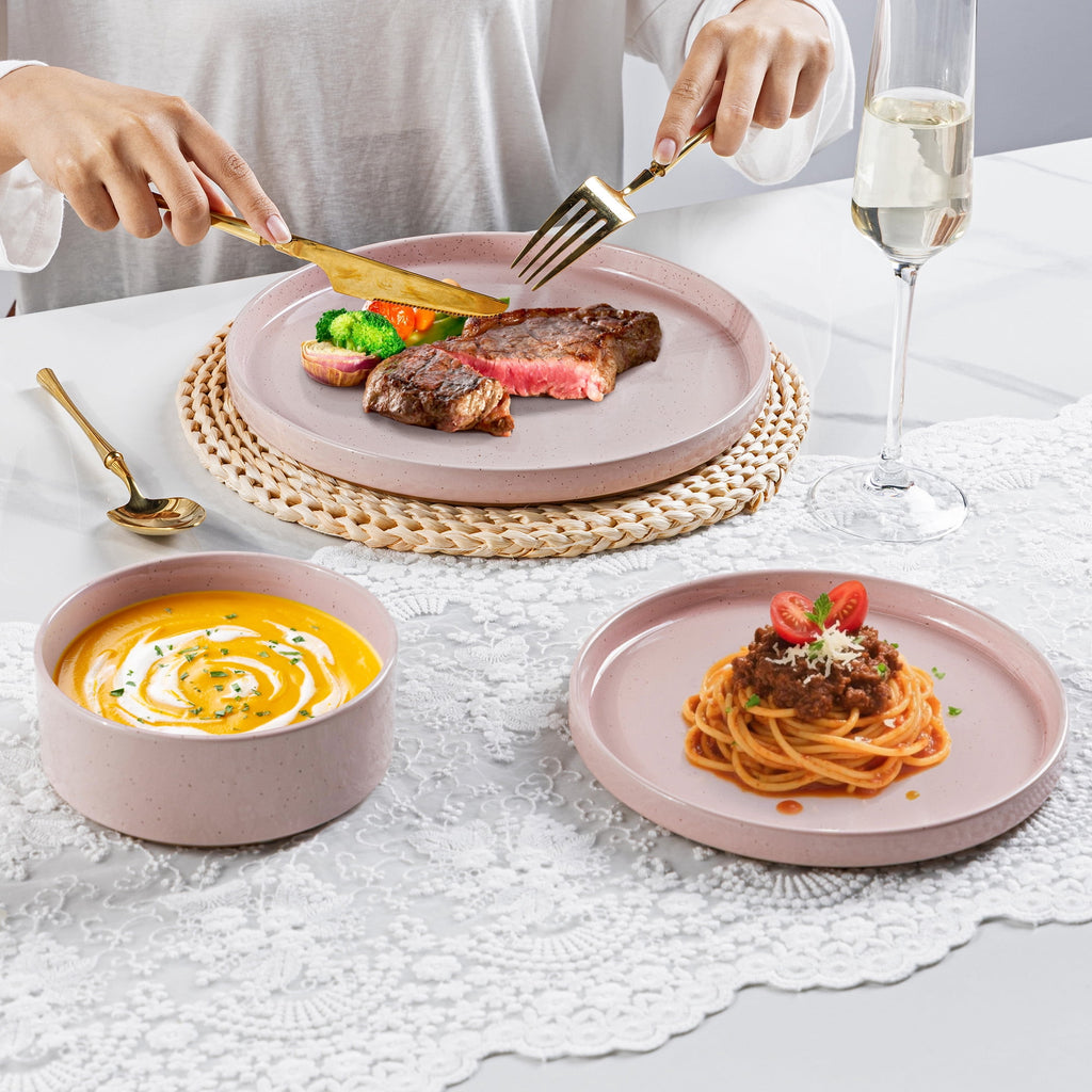 AmorArc Ceramic Dinnerware Set for 4 | Speckled Stoneware Plates and Bowls with unglazed terracotta | Scratch Resistant, Dishwasher & Microwave Safe Dishes Sets- 12-Pcs Pink