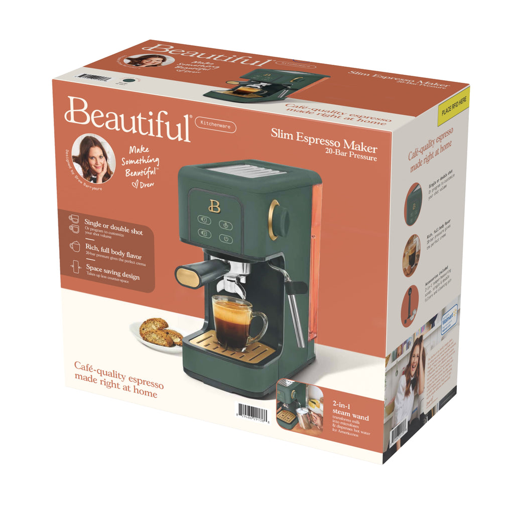 Beautiful by Drew Barrymore Slim Espresso Machine, 20-Bar Pressure, Black Sesame