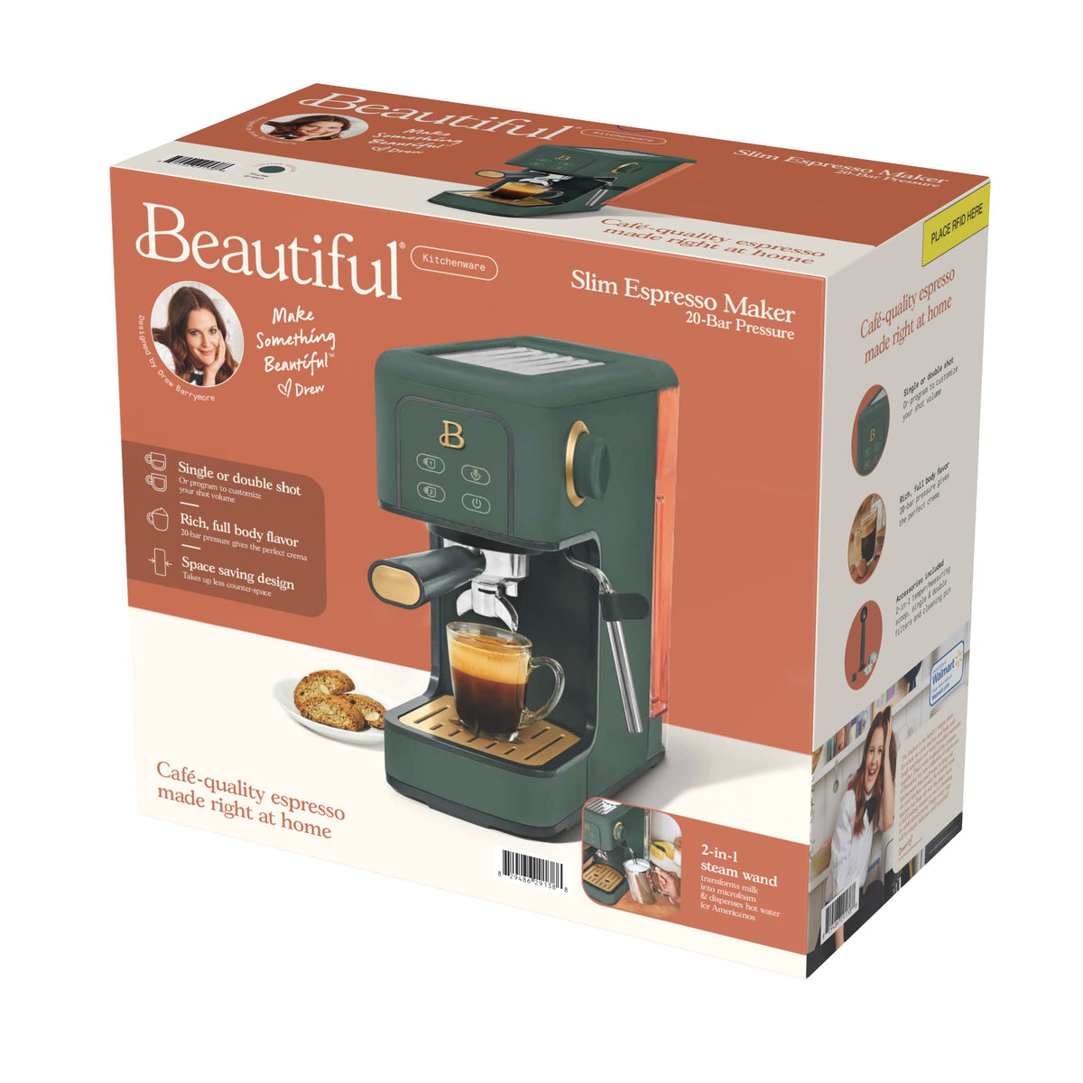 Beautiful by Drew Barrymore Slim Espresso Machine, 20-Bar Pressure, Black Sesame