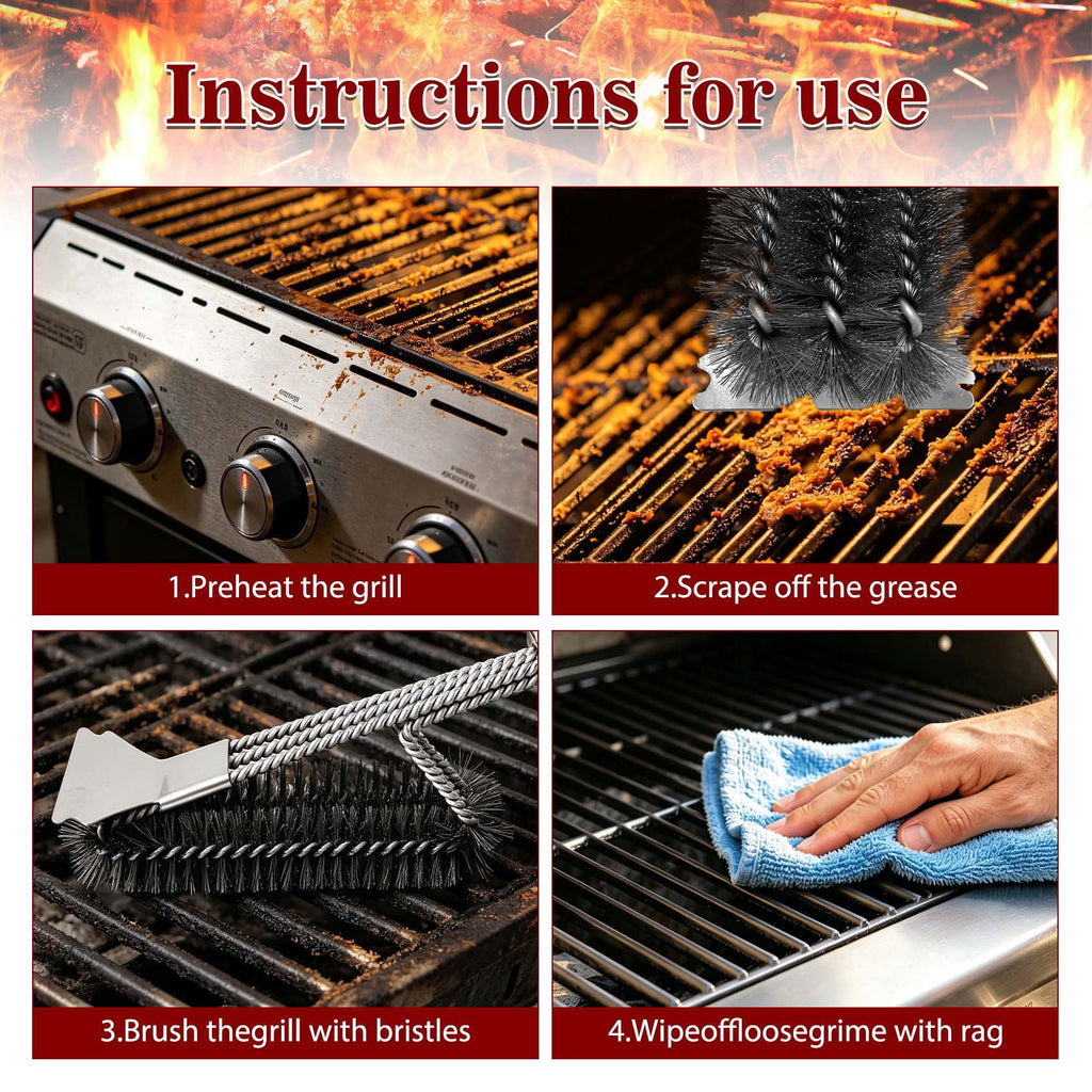 Grill Brush and Scraper, 3-in-1 BBQ Grill Brush for Outdoor Grill, 17.3" Heavy Duty Steel Wire Grill Cleaner, Detachable PP Handle, Gifts for Daddy