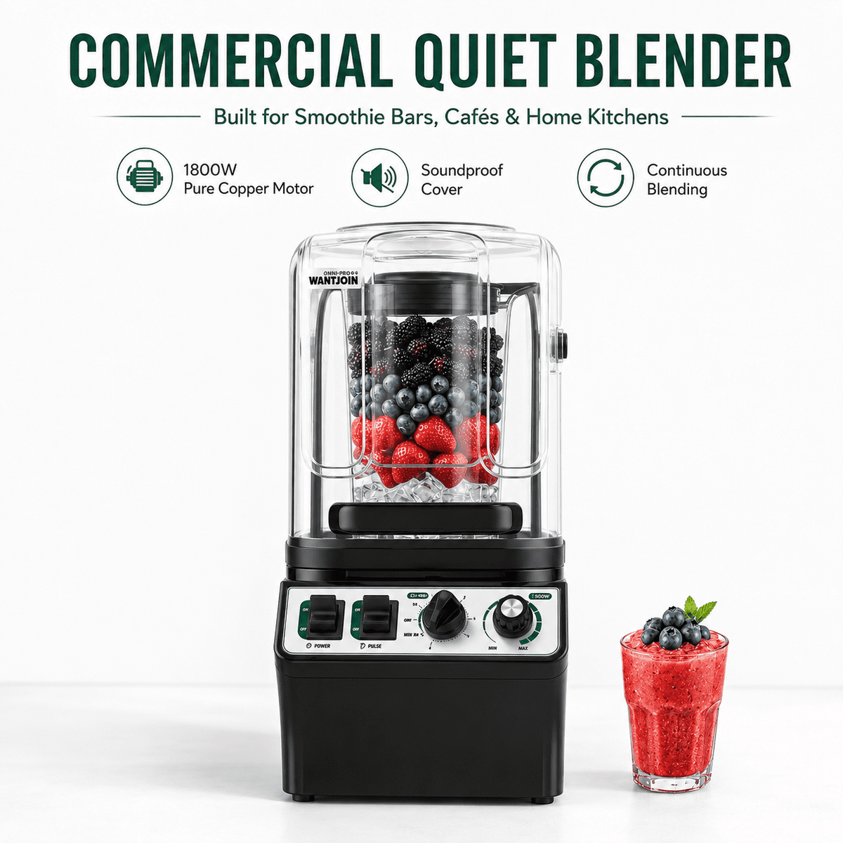 WantJoin Blender-Commercial Blender with Soundproof Shield, Enclosure 2200W ,Quiet Professional-Grade Power,Self-Cleaning,Gray