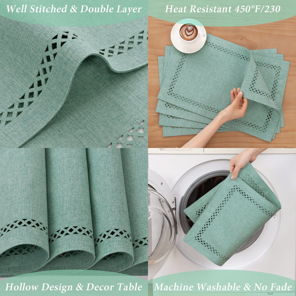Placemats Set of 4, Yamaziot Double Layer Cloth Fabric Heat Resistant Place Mat, Washable Reversible Rectangle Dining Table Mats, Hollow Khaki, 12"x18"