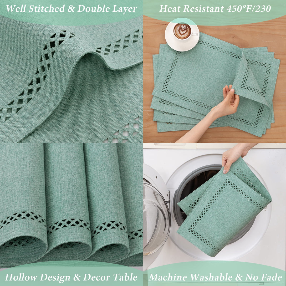 Placemats Set of 4, Yamaziot Double Layer Cloth Fabric Heat Resistant Place Mat, Washable Reversible Rectangle Dining Table Mats, Hollow Khaki, 12"x18"