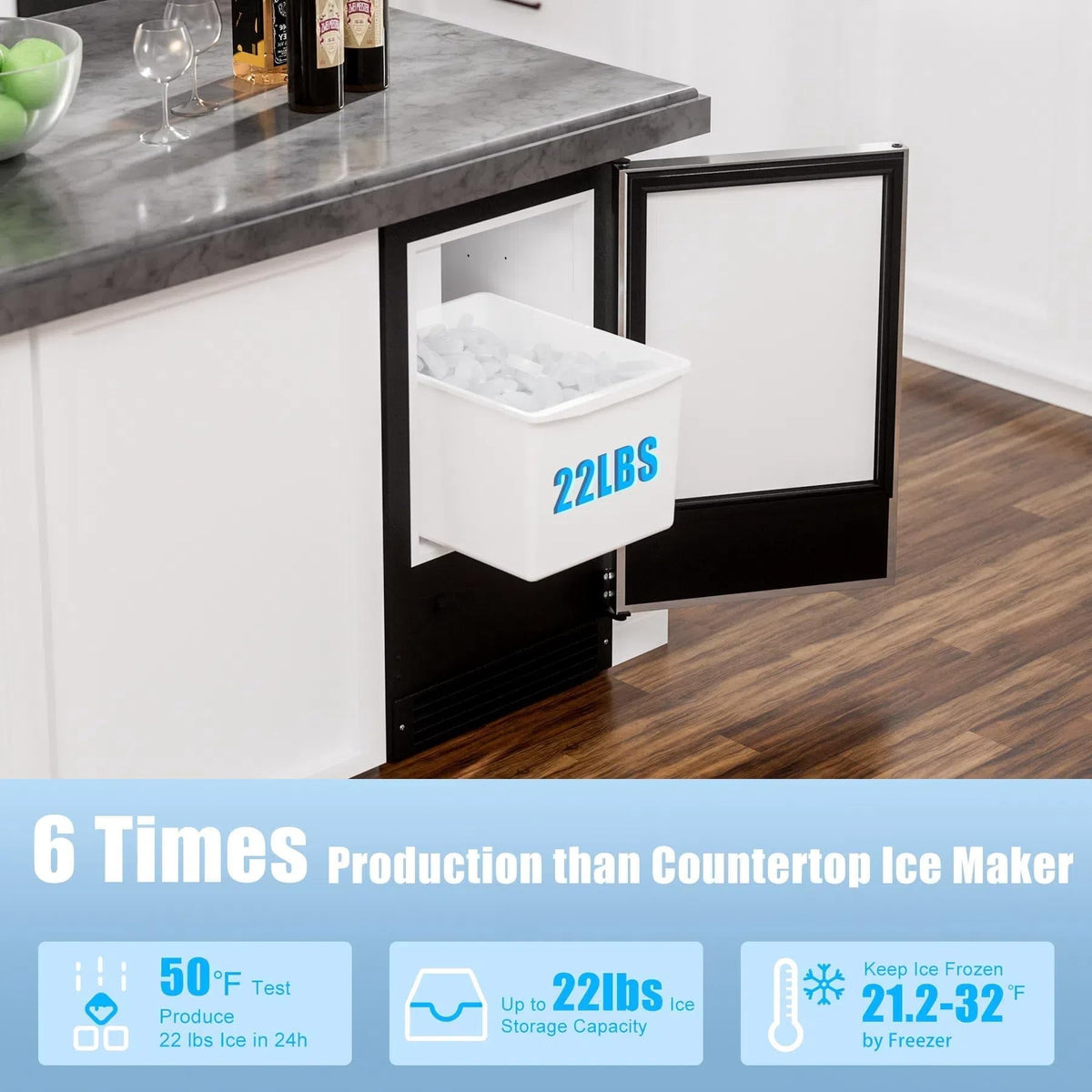 RIOXC 25 lbs/24H Crescent Ice Maker 15" Under Counter Machine with 22LBS Storage Bin No Drain Required for Home and Commercial Use, ETL