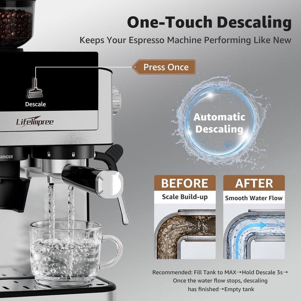 LifeImpree Espresso Machine with Grinder, 20 Bar Coffee Machine for Home with Powerful Milk Frother Steam Wand, 30 Grind Settings, 1550W Coffee Maker with Portafilter for Capsules