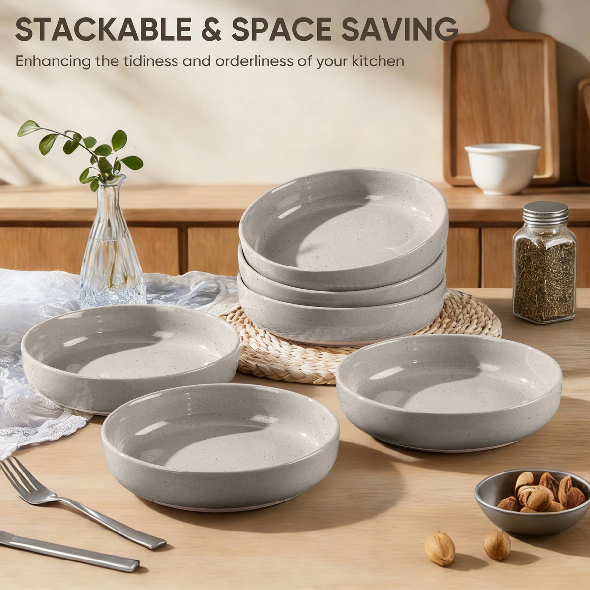 Vesteel Pasta Bowls Set of 6, 32oz Large Salad Bowl for Home Kitchen, Ceramic Serving Plates for Soup, Cereal, Fruits, Microwave & Dishwasher Safe, Speckled White