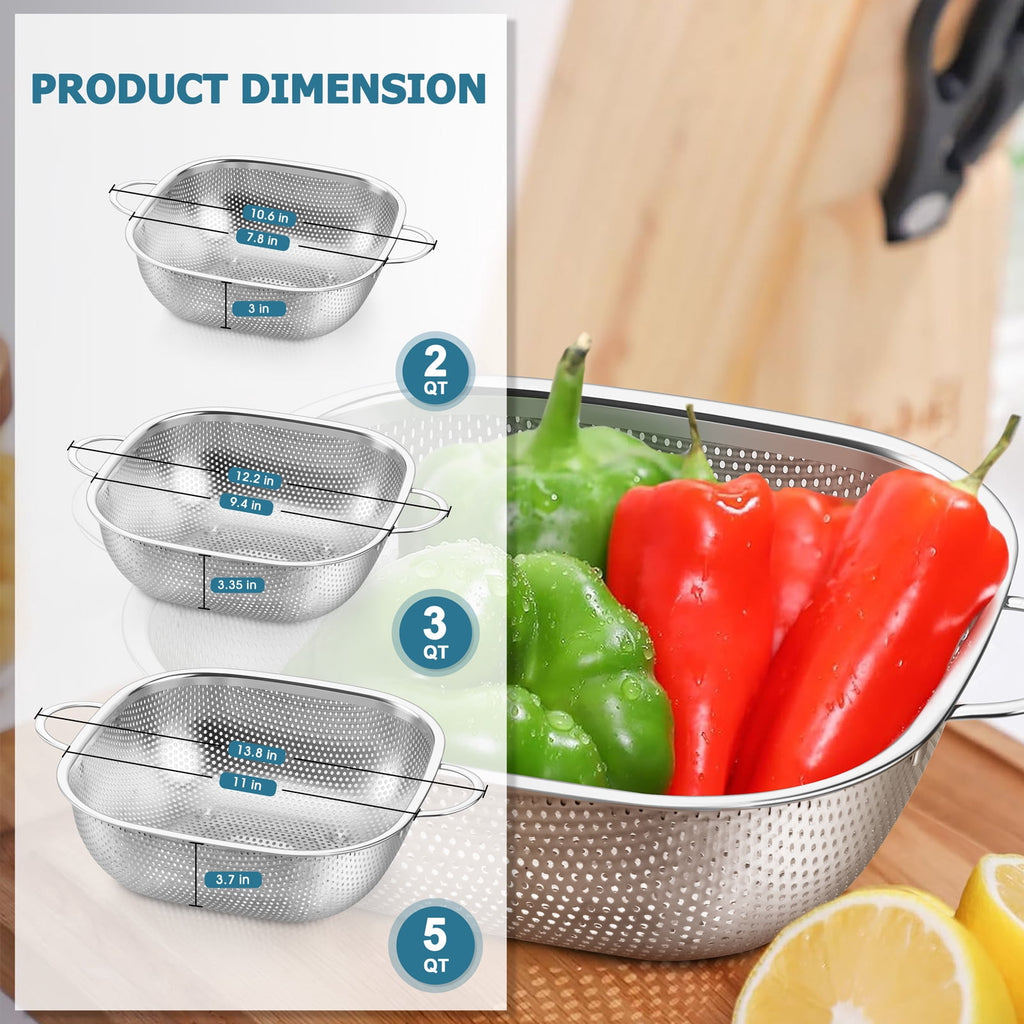 VeSteel Colander Set of 3, Stainless Steel Micro-Perforated Colanders Strainers for Draining Rinsing Washing, Ideal for Pasta Vegetables Fruits, Heavy Duty & Dishwasher Safe - 1/3/5 Quart