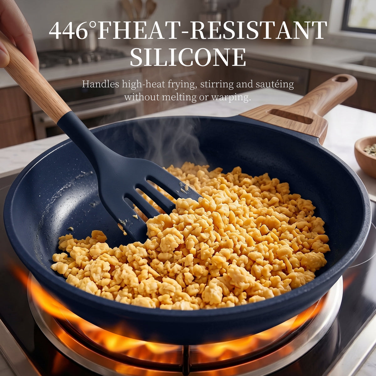 Silicone Cooking Utensils Set - Silicone Kitchen Utensils for Cooking Wooden Handles, 446°F Heat Resistant Kitchen Utensil Spatula Sets w Holder, Gadgets for Non-Stick Cookware BPA FREE (Black)