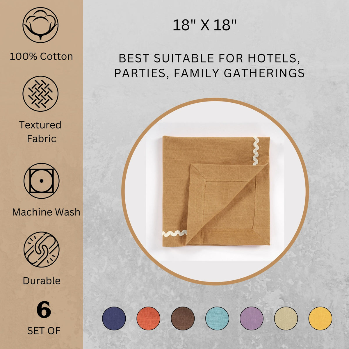 Fingercraft Cloth Napkin, Soft Quality Cotton Linen Blend Fabric, Dinner Napkins with Premium White Lace, 6 Pack, 20”x20” Aqua
