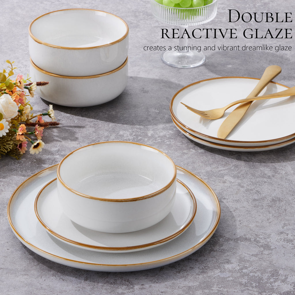 Vesteel Dinnerware Sets for 4, 12-Piece Stoneware Dish and Bowls Set, Handmade Reactive Glaze Coupe Plates Set for Family, Chip & Scratch Resistant - Matte Black