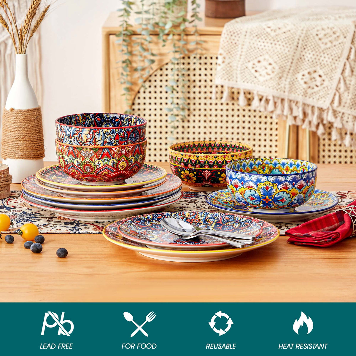 Vancasso Dinnerware Set, Porcelain Plates and Bowls Set for 4, 12 Pieces Ceramic Boho Dish Set for Kitchen, Dishwasher and Microwave Safe, Series LUMI