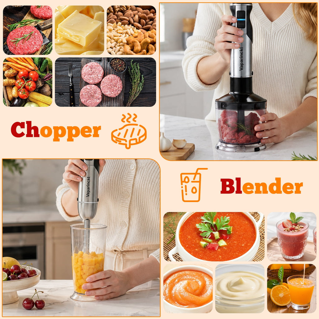 Vaparinckl Immersion Blender, 24-Speed 1100W Stainless Steel Handheld Blender, 5-in-1 with Turbo, Hand Mixer Stick Blender with Chopper, Beaker, Whisk,Milk Frother for Kitchen, Soups&Smoothies, Black
