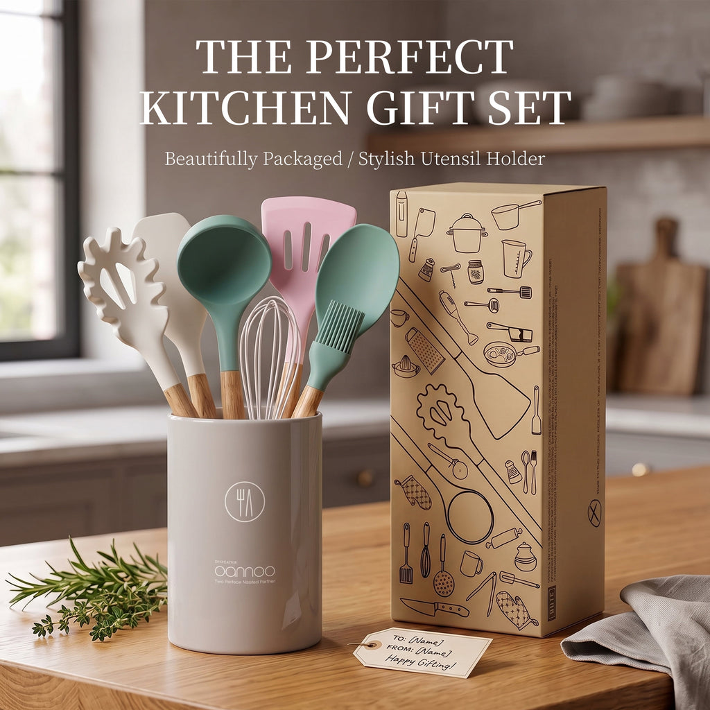 Silicone Cooking Utensils Set - Silicone Kitchen Utensils for Cooking Wooden Handles, 446°F Heat Resistant Kitchen Utensil Spatula Sets w Holder, Gadgets for Non-Stick Cookware BPA FREE (Black)