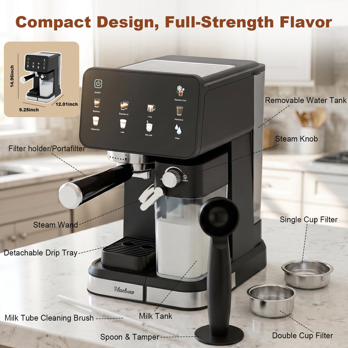 Bluebow Espresso Machine with Color Touchscreen, 20 Bar Espresso Maker with Automatic Milk Frother, Coffee Maker for Home - Cold Brew Cappuccino Latte Americano, 1350W