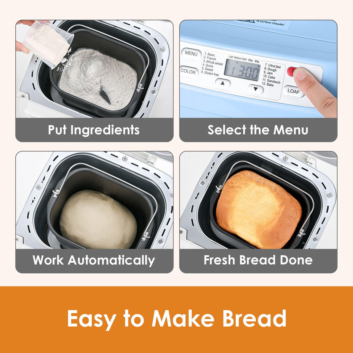 Kitchen in the Box 2lb Bread Maker with Auto Fruit Nut Dispenser, 12-in-1 Gluten-Free Bread Machine, 13H Delay Timer, Nonstick Pan, Keep Warm, White