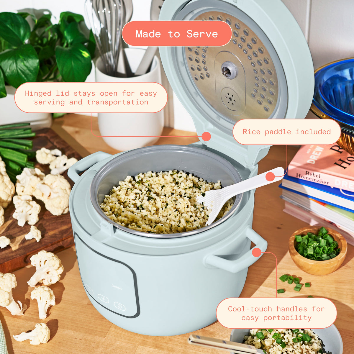 Beautiful 14-Cup Cooked, 6-Cups Uncooked Electric Rice and Grain Cooker, EverGood Ceramic Nonstick Coating, Thyme Green by Drew Barrymore