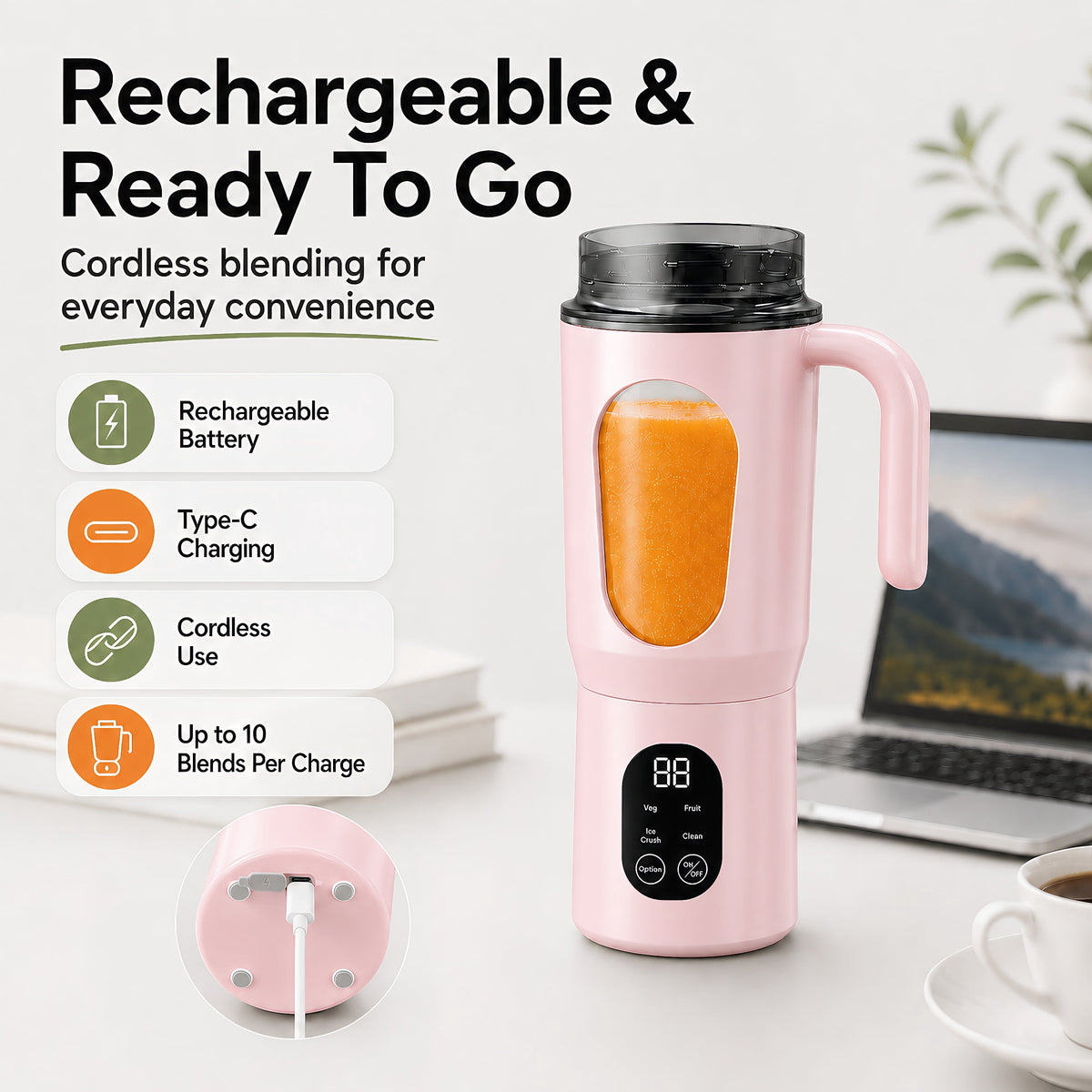 STARBIAO Portable Blender 19.6 oz Personal Juicer Cup, USB-C Rechargeable Mini Blender for Shakes & Smoothies, 12-Blade Stainless Steel, 4 Modes, Digital Display, Self-Cleaning, Beige