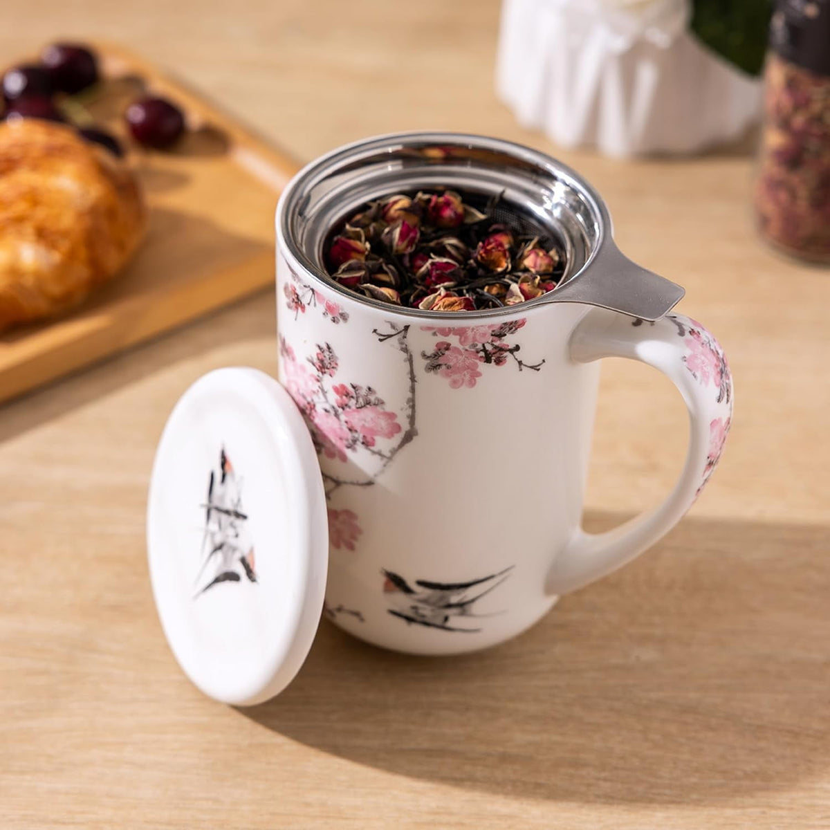 AmorArc Porcelain Tea Mug with Infuser and Lids, 18 Oz Cup Strainer Bag Holder for Loose Leaf Tea, Steeping Coffee Well-wrapped Box House-warming Wedding Birthday Gift, YelloRed